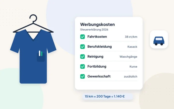 Illustration: Kasack am Bügel und Checkliste mit Werbungskosten für die Steuererklärung